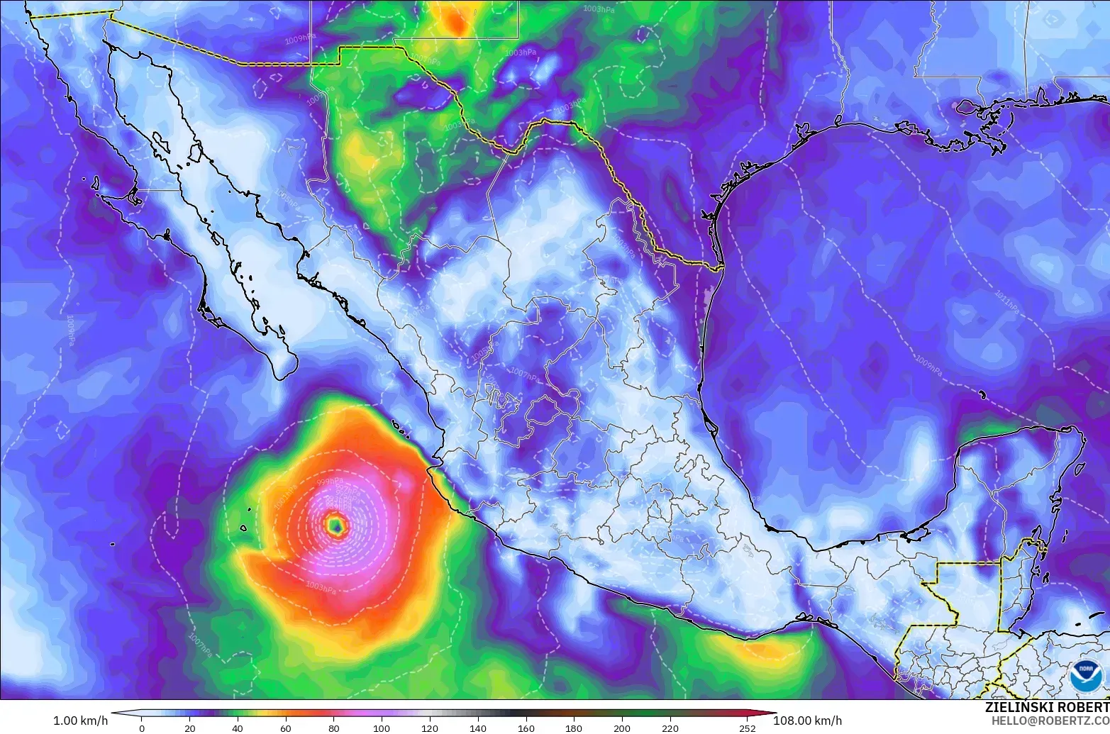 GFS modelo - México, Ráfagas de Viento Máximas
