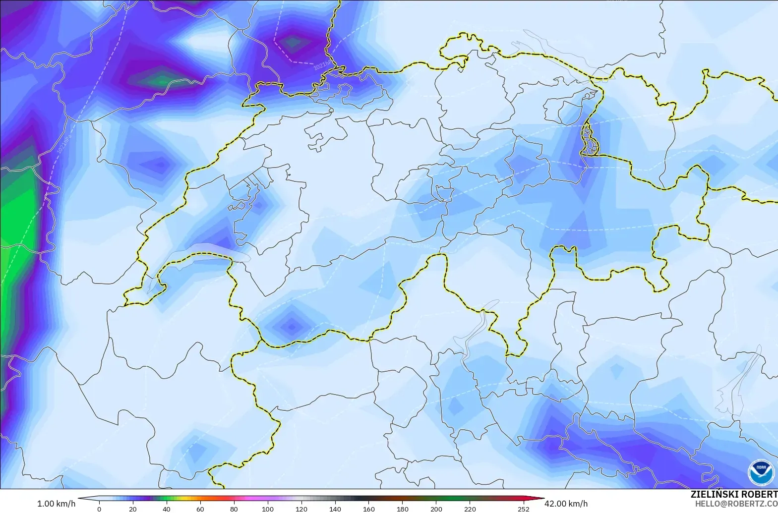 GFS modelo - Suiza, Ráfagas de Viento Máximas