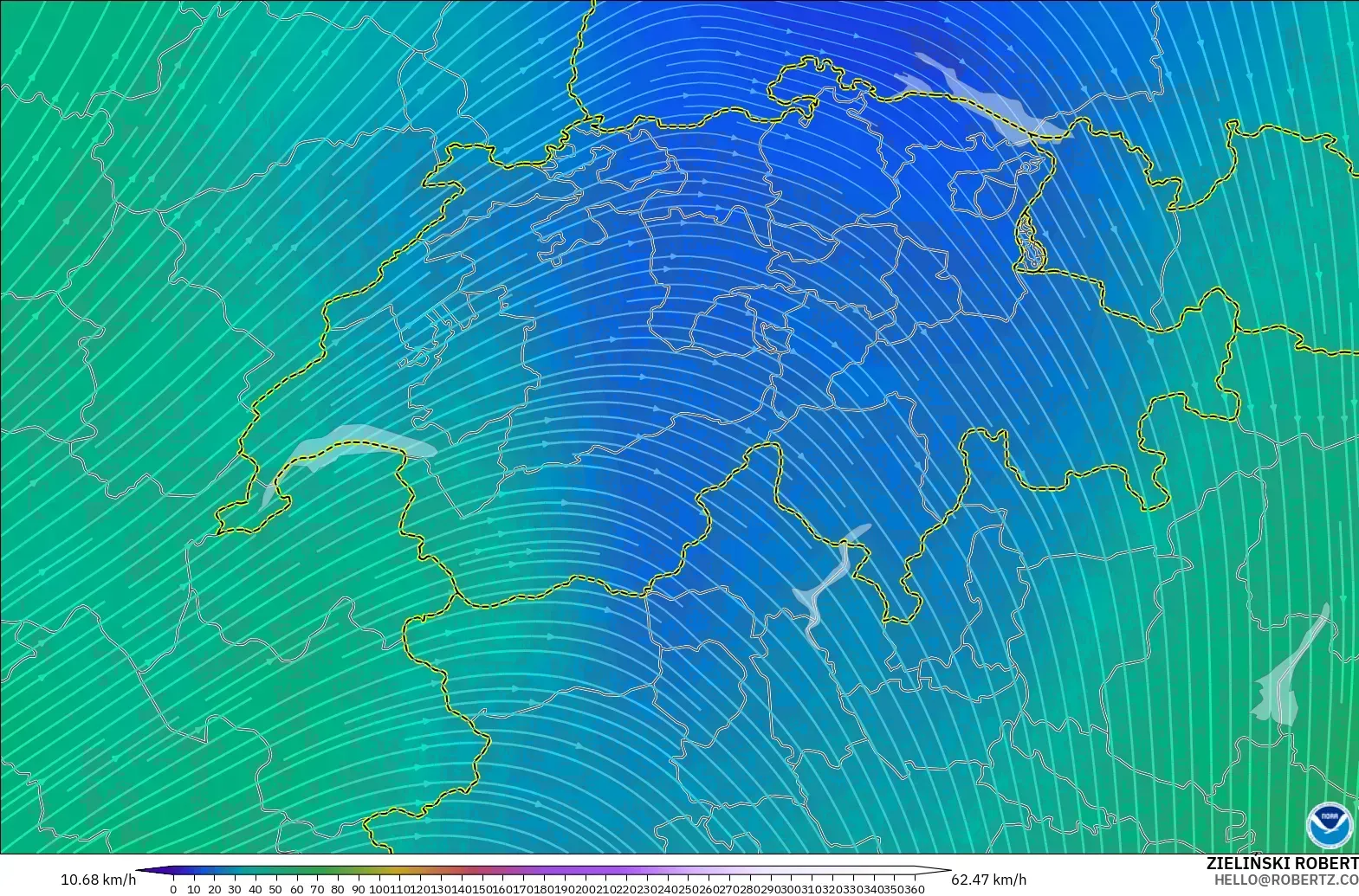 GFS modelo - Suiza, Viento a 300 hPa (corriente en chorro)
