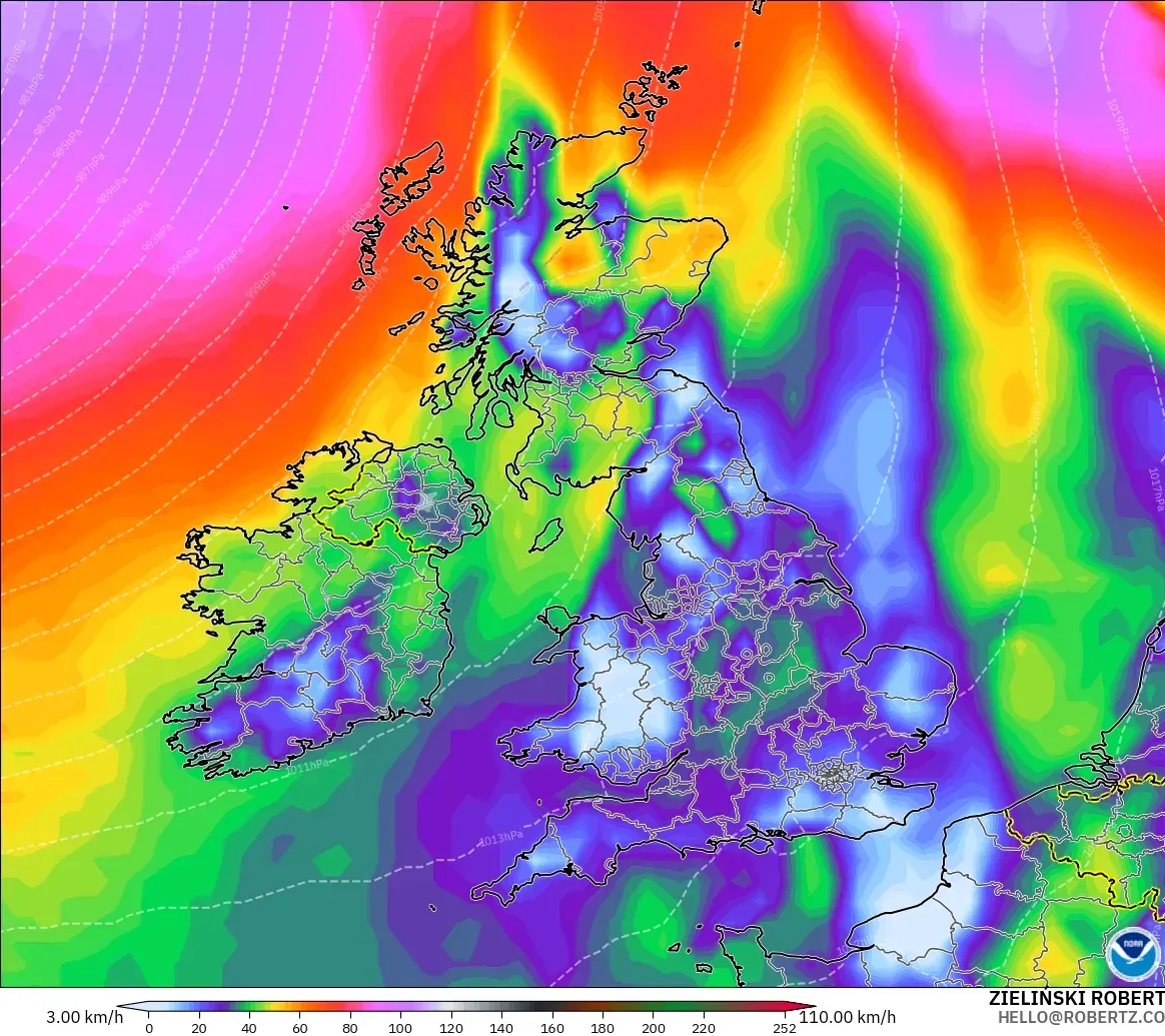GFS modelo - Reino Unido, Ráfagas de Viento Máximas