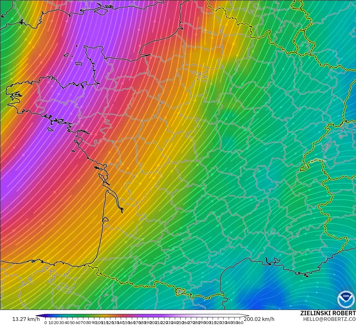 GFS modelo - Francia, Viento a 300 hPa (corriente en chorro)