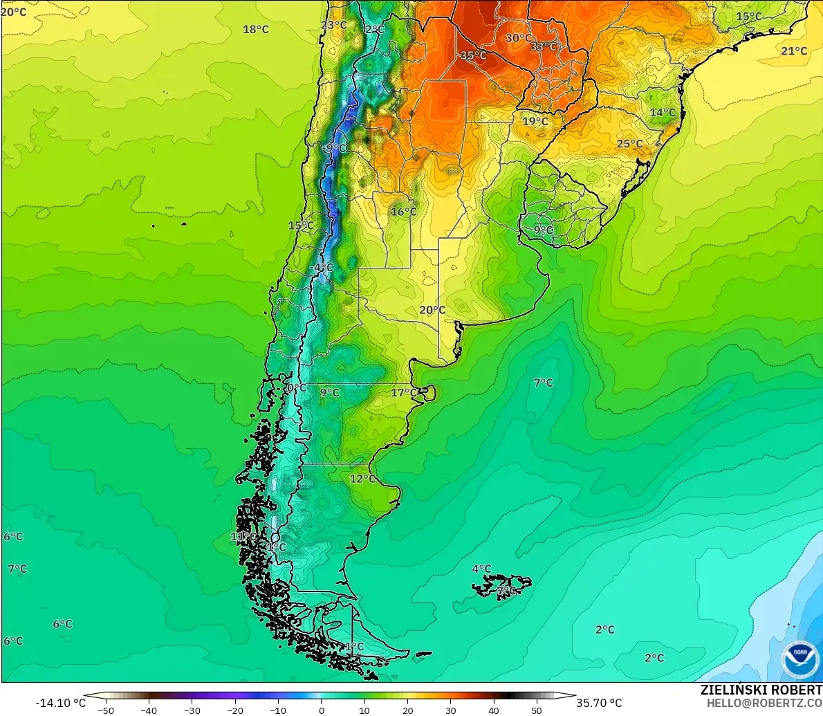 GFS modelo - Argentina, Temperatura a 2 m
