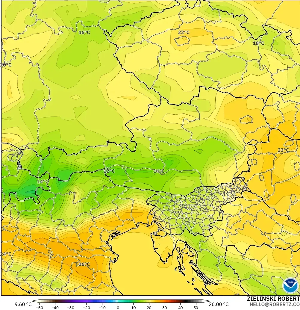 GFS modelo - Austria, Temperatura a 2 m