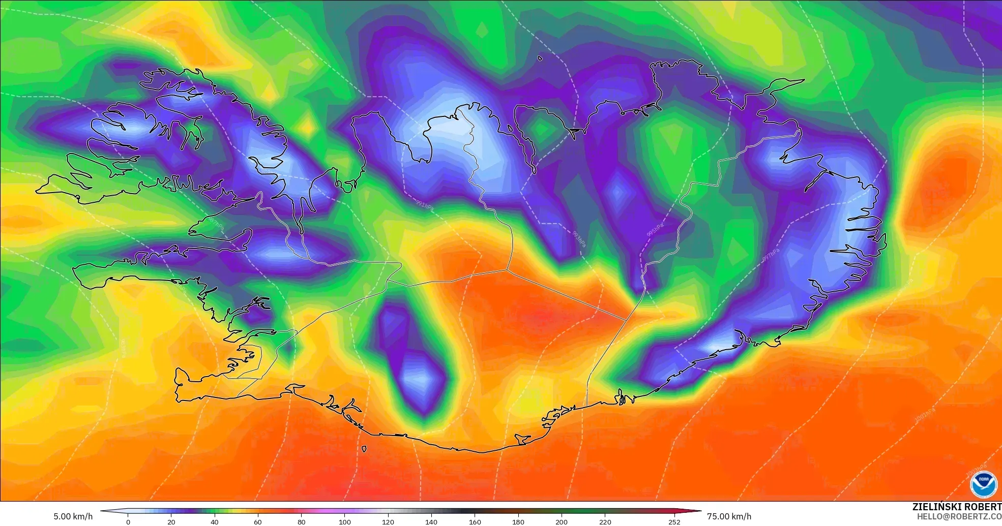 GFS modelo - Islandia, Ráfagas de Viento Máximas