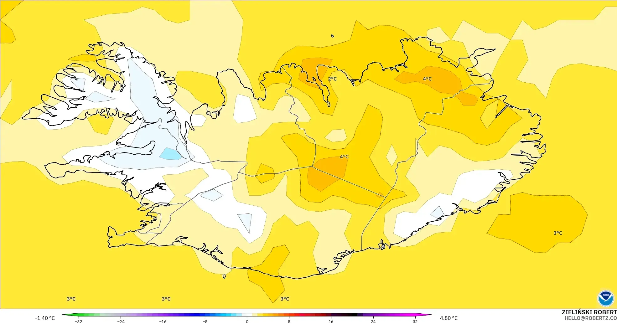 GFS modelo - Islandia, Anomalía de temperatura a 2 m