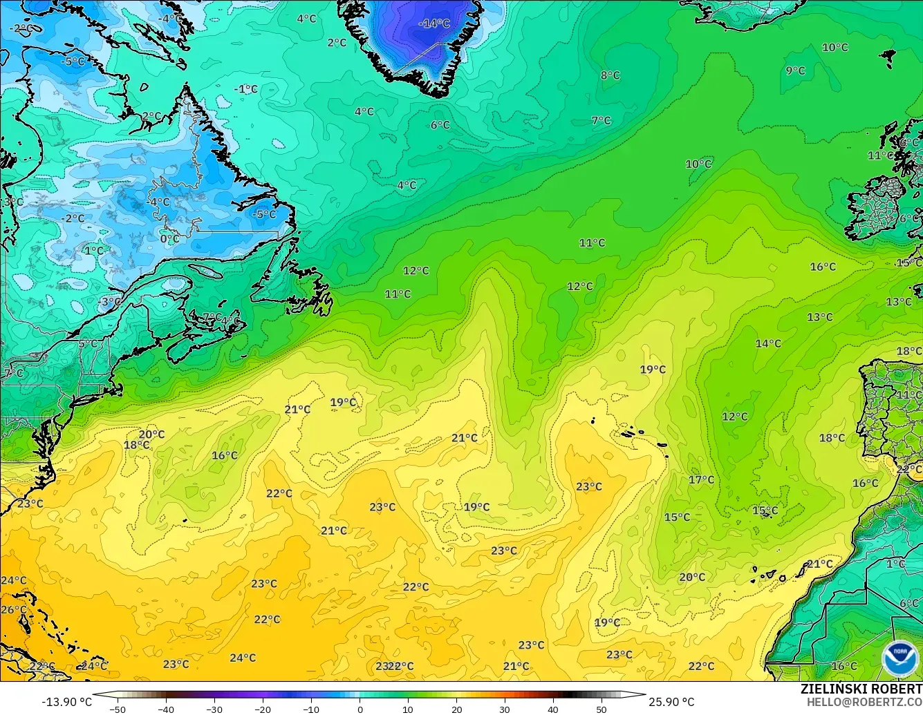GFS modelo - Norte Atlántico, Punto de rocío a 2 m