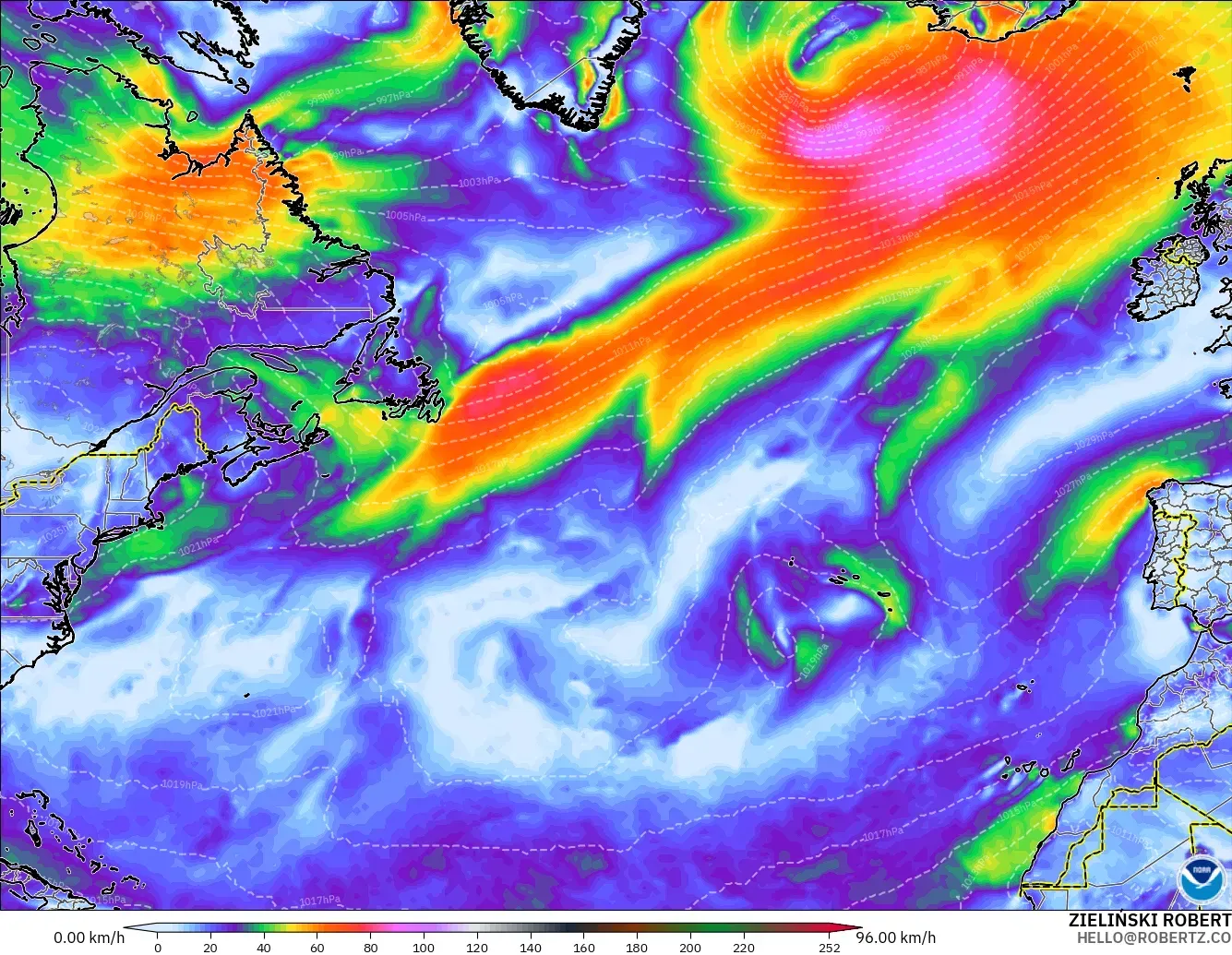 GFS modelo - Norte Atlántico, Ráfagas de Viento Máximas
