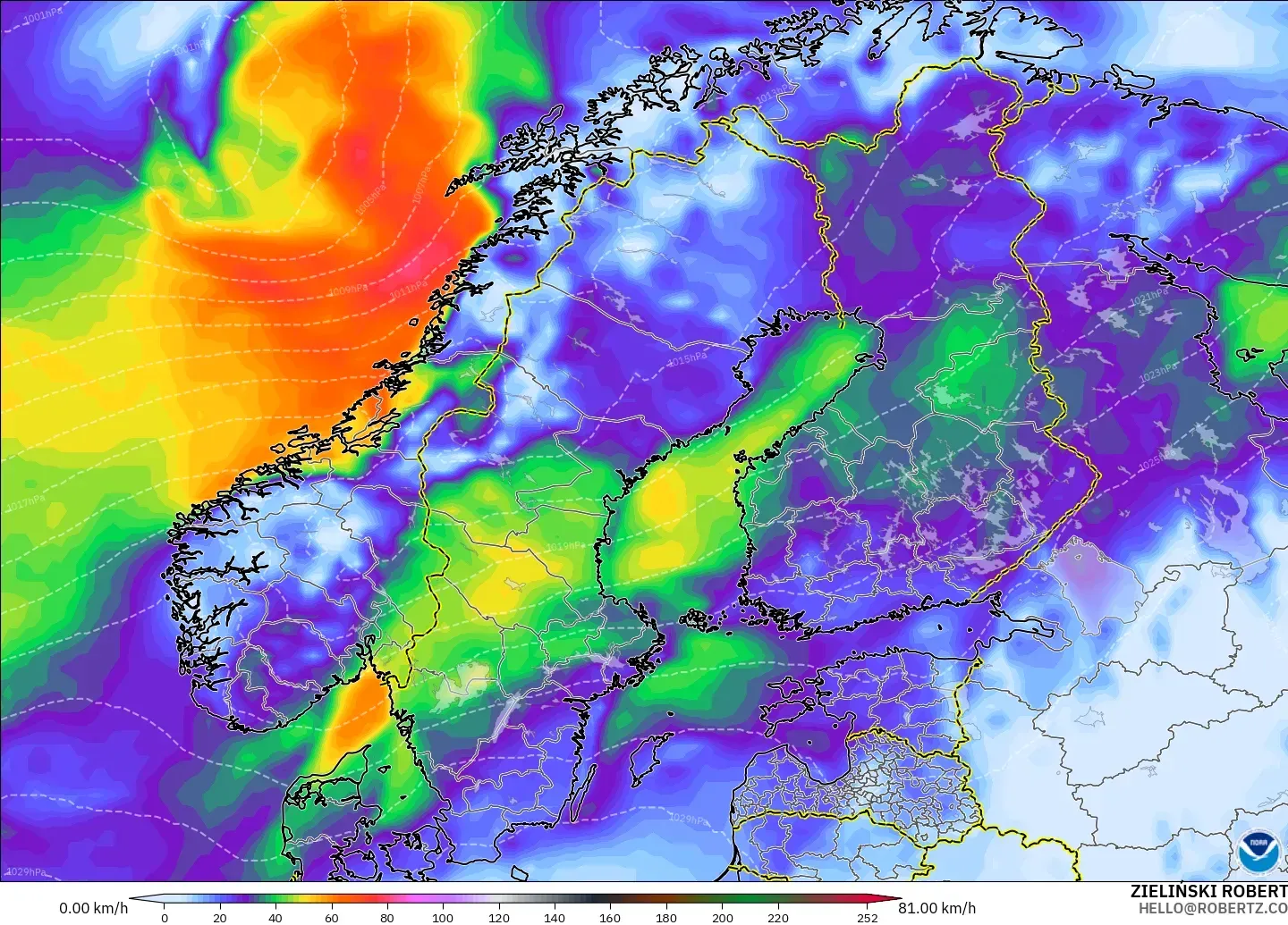 GFS modelo - Escandinavia, Ráfagas de Viento Máximas