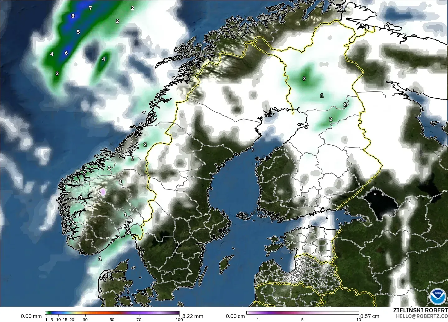 GFS modelo - Escandinavia, Precipitación, nubes y presión