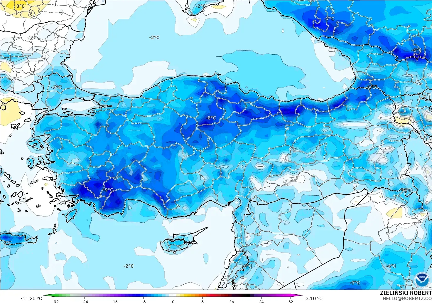 GFS modelo - Turquía, Anomalía de temperatura a 2 m