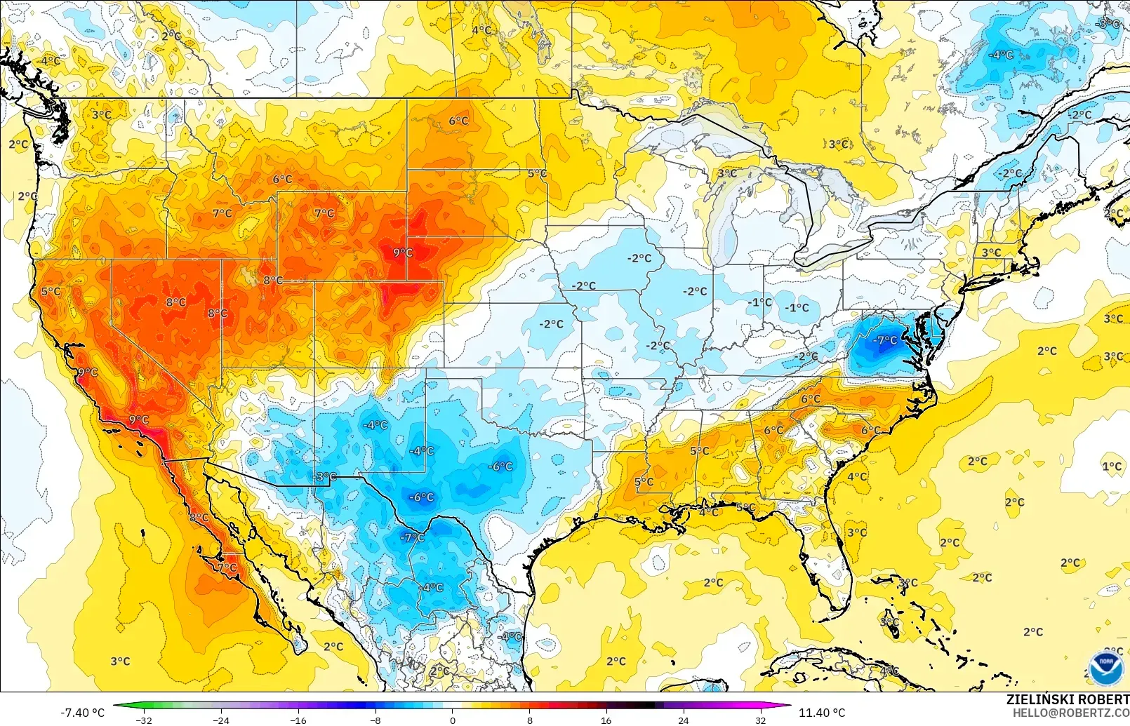 GFS modelo - Estados Unidos, Anomalía de temperatura a 2 m