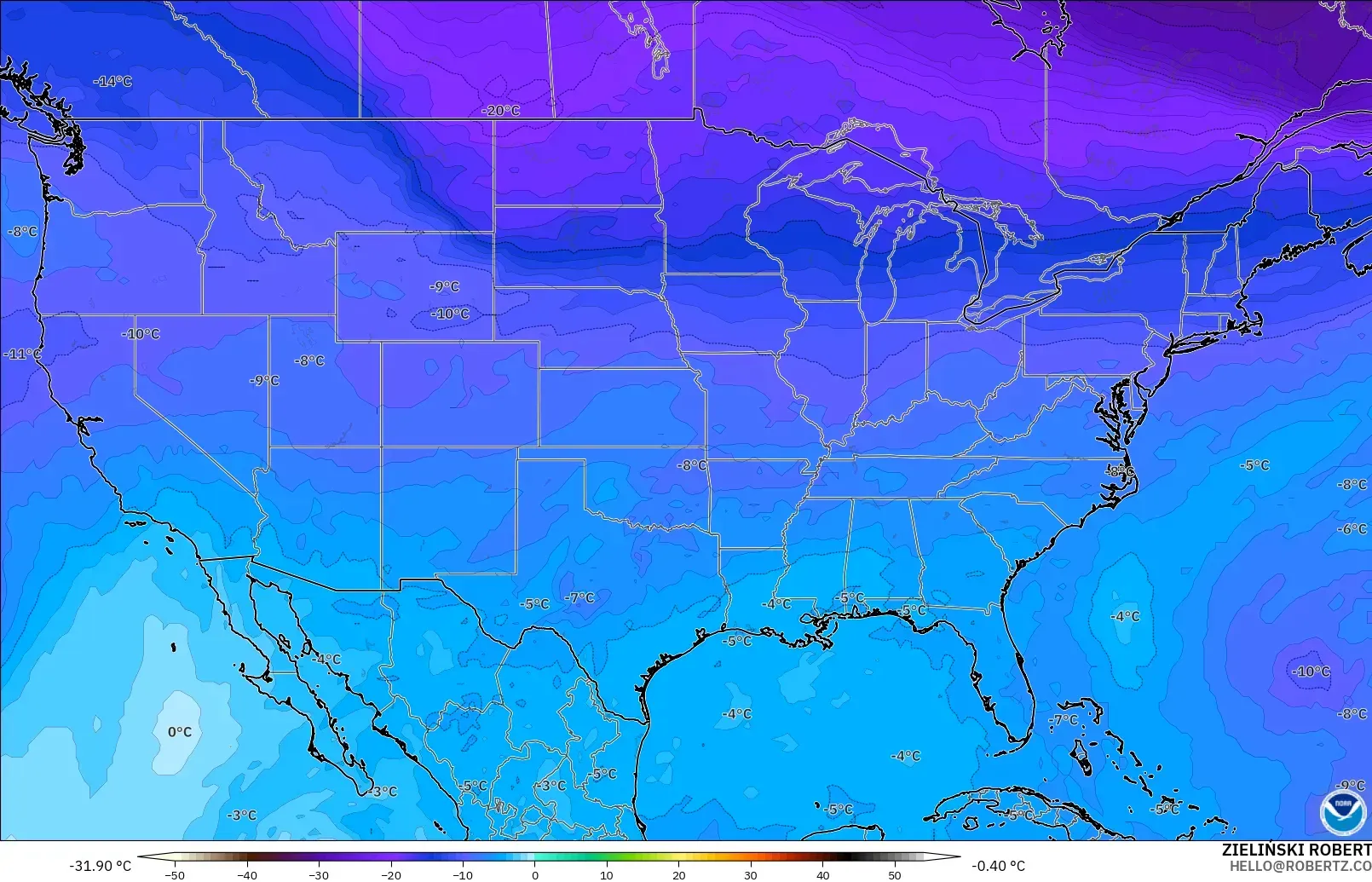 GFS modelo - Estados Unidos, Temperatura a 500 hPa