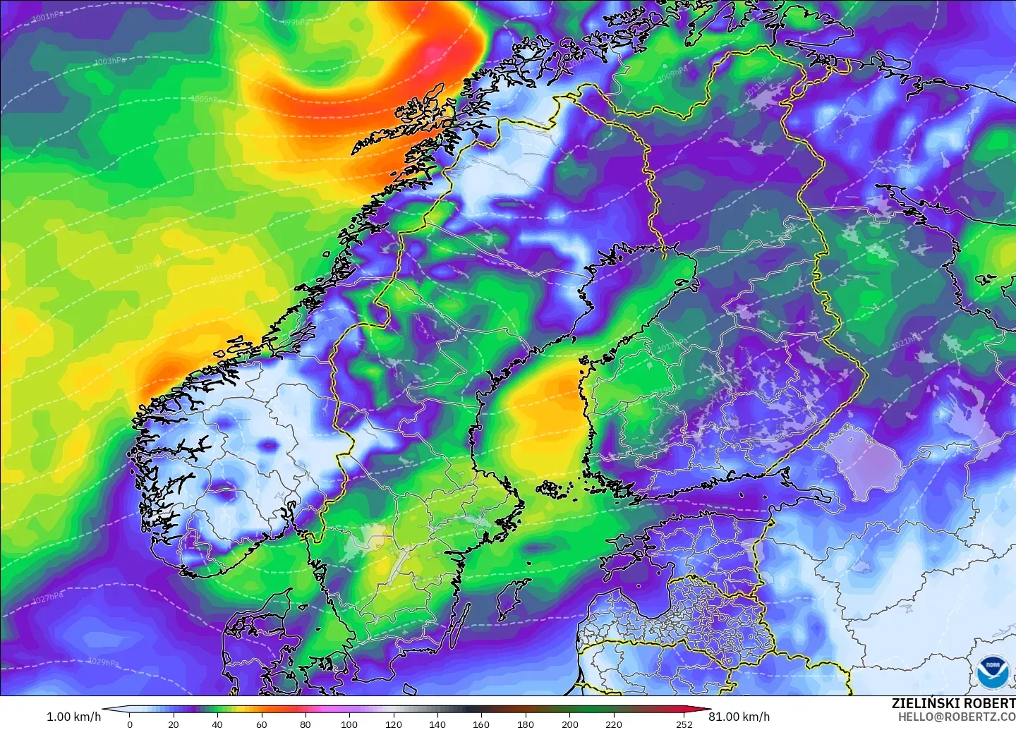 GFS modelo - Escandinavia, Ráfagas de Viento Máximas