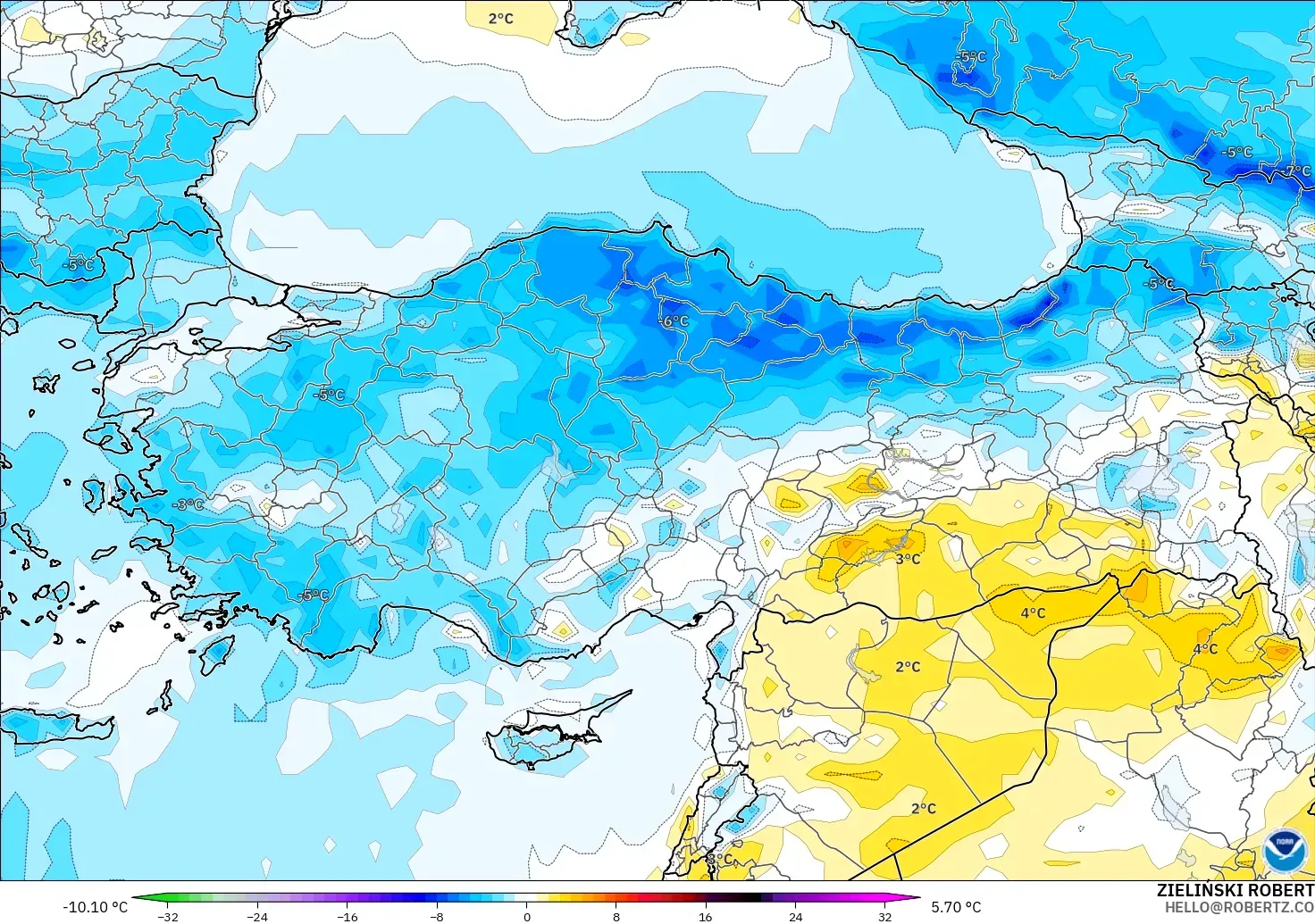 GFS modelo - Turquía, Anomalía de temperatura a 2 m