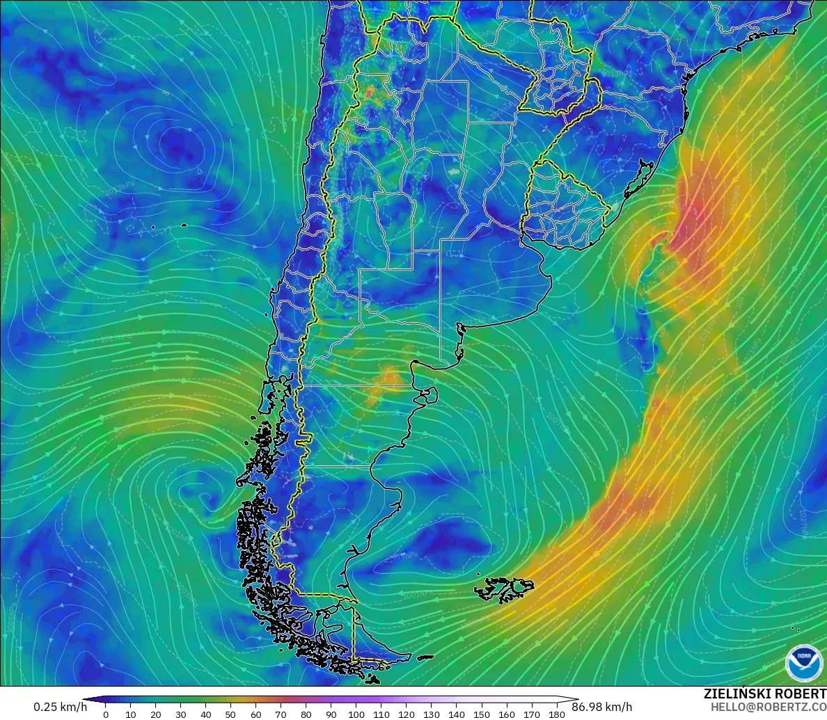 GFS modelo - Argentina, Viento a 10 m