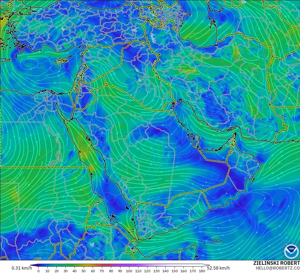 GFS modelo - Oriente Medio, Viento a 10 m