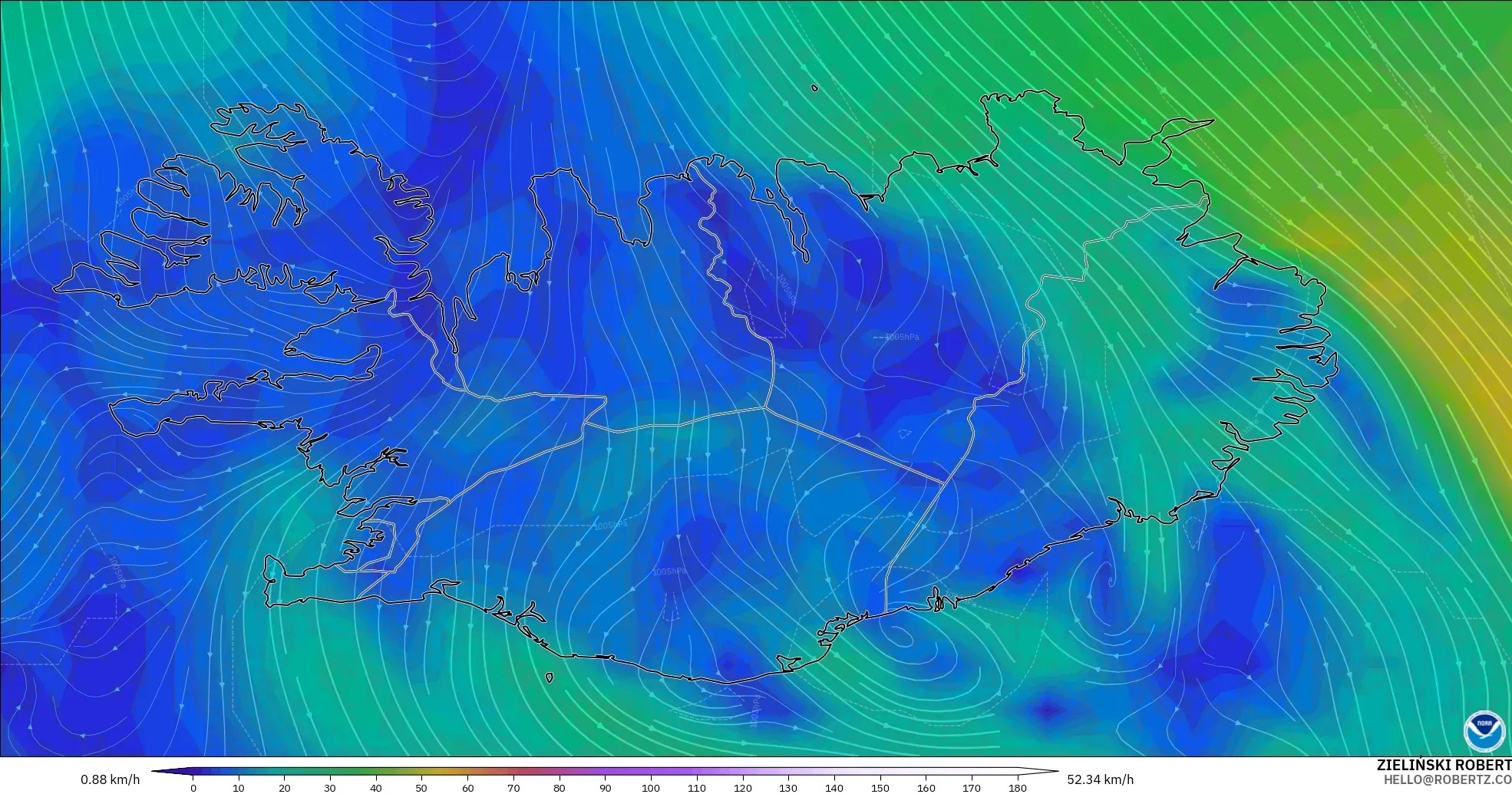 GFS modelo - Islandia, Viento a 10 m