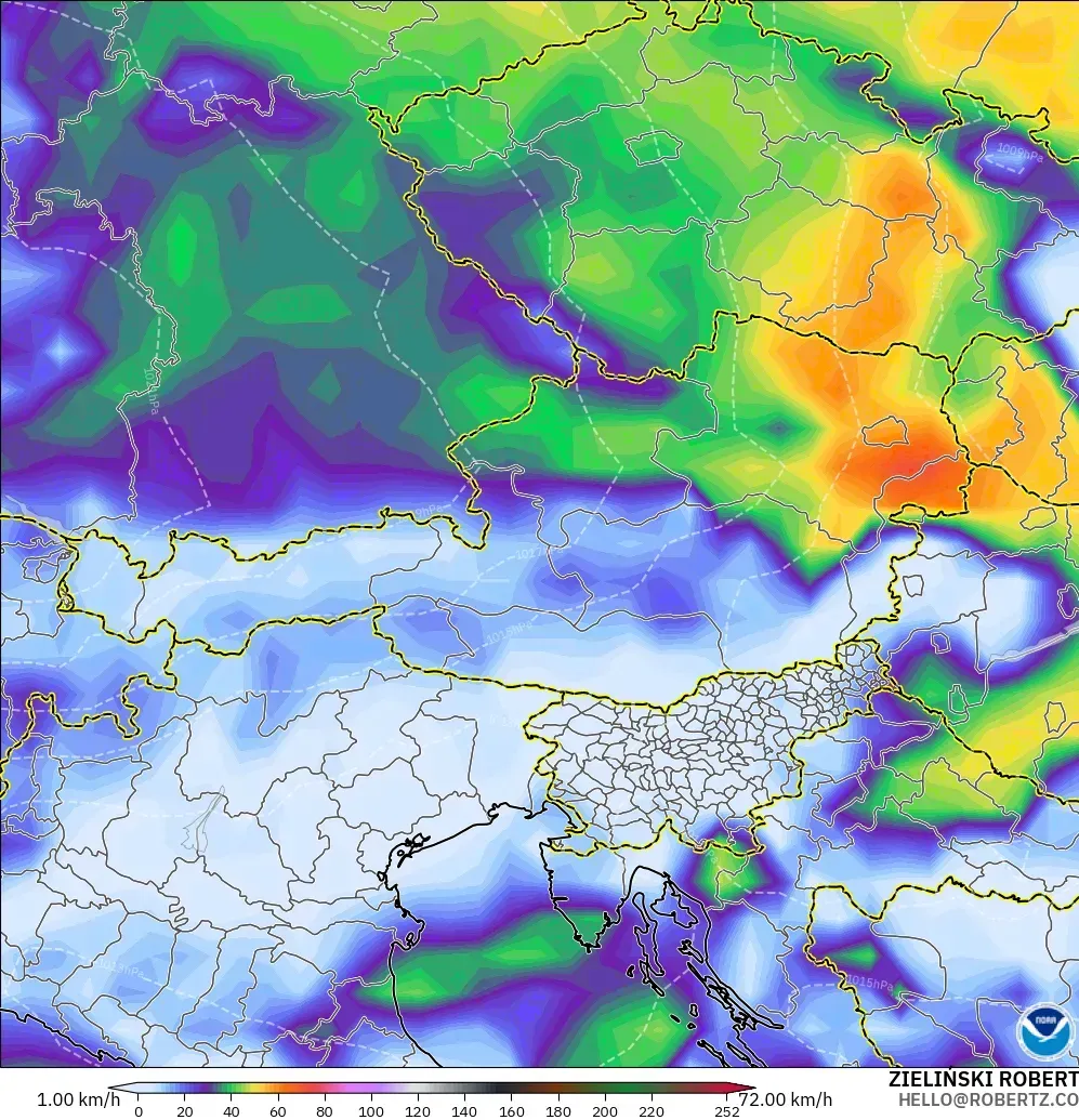 GFS modelo - Austria, Ráfagas de Viento Máximas