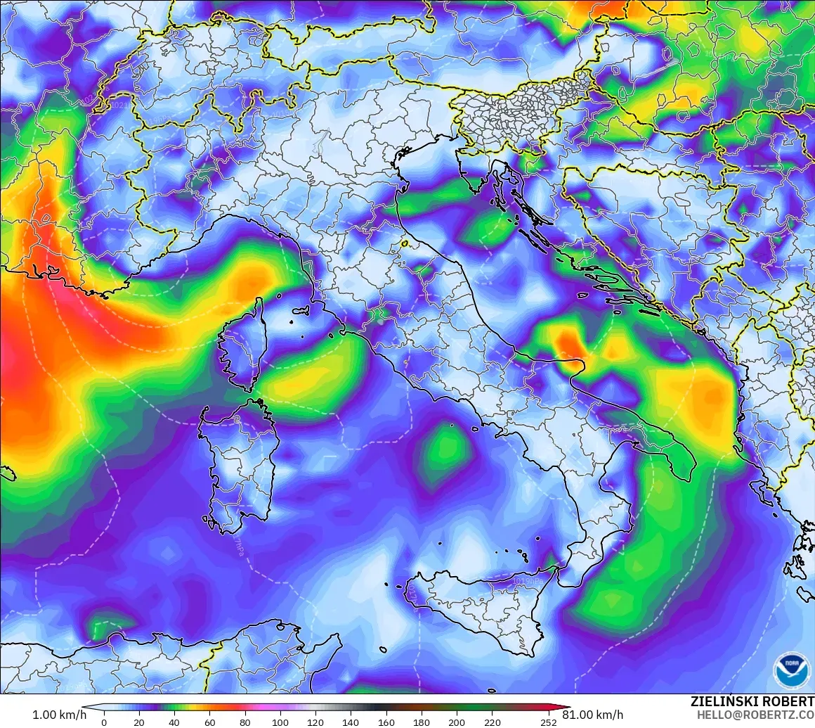 GFS modelo - Italia, Ráfagas de Viento Máximas