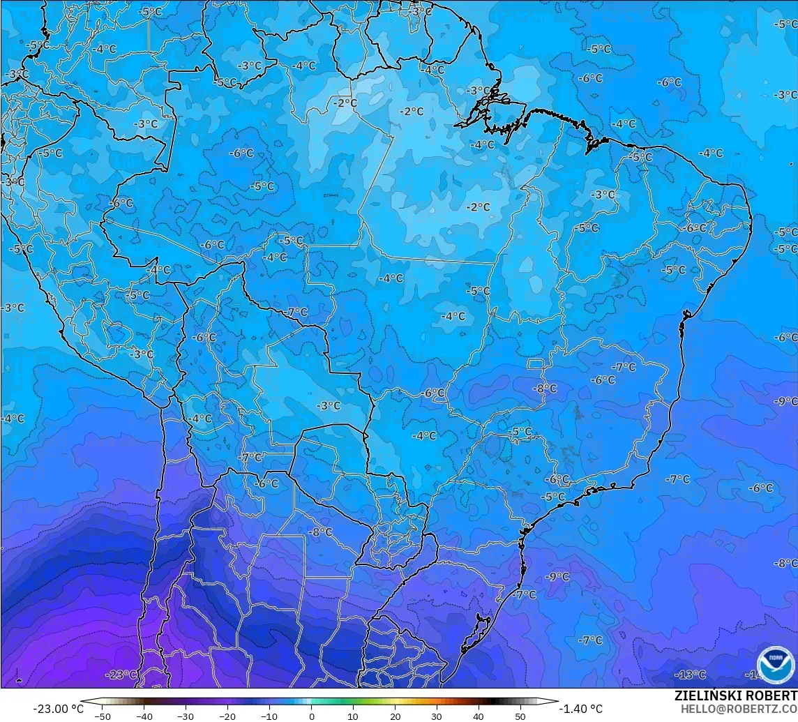 GFS modelo - Brasil, Temperatura a 500 hPa