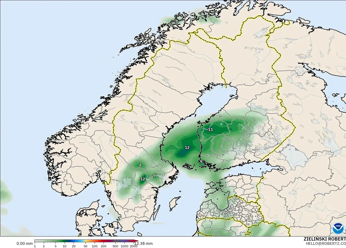 GFS modelo - Escandinavia, Acumulación de precipitación