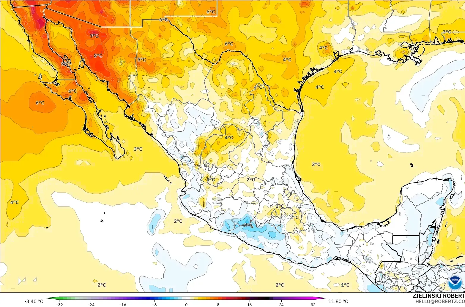 GFS modelo - México, Anomalía de temperatura a 2 m