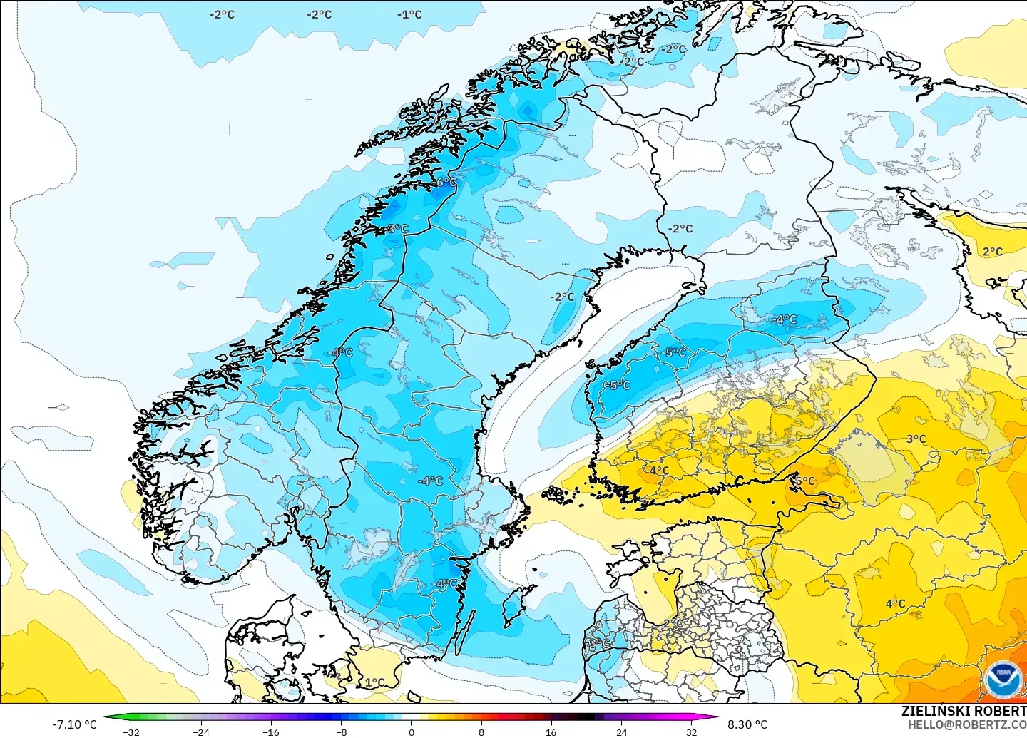 GFS modelo - Escandinavia, Anomalía de temperatura a 2 m