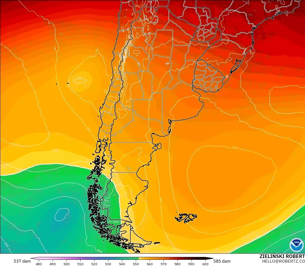 GFS modelo - Argentina, Altura geopotencial a 500 hPa