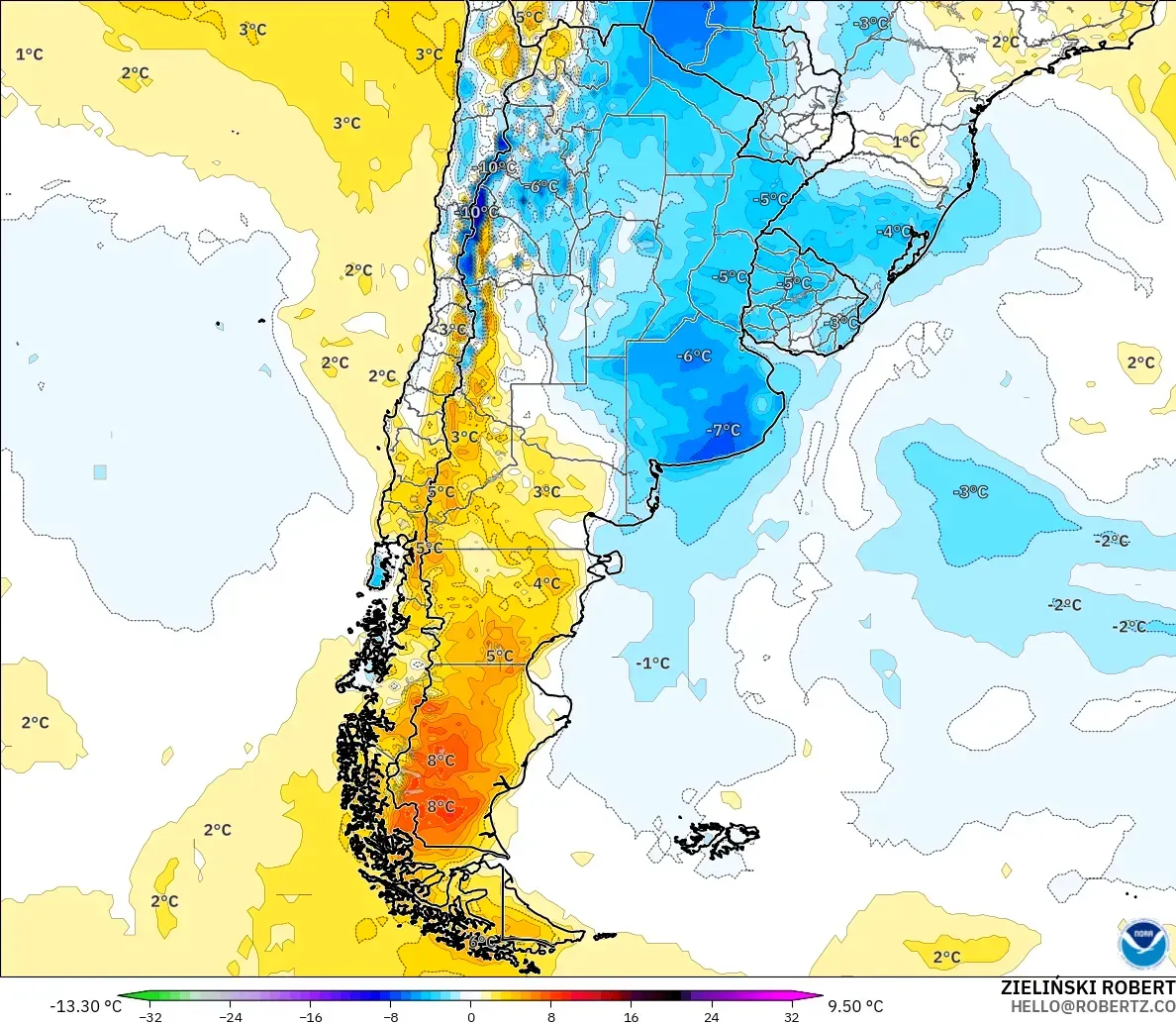 GFS modelo - Argentina, Anomalía de temperatura a 2 m