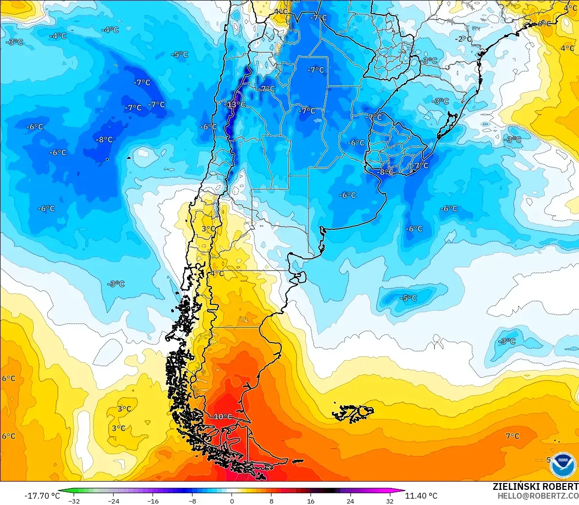 GFS modelo - Argentina, Anomalía de temperatura a 850 hPa