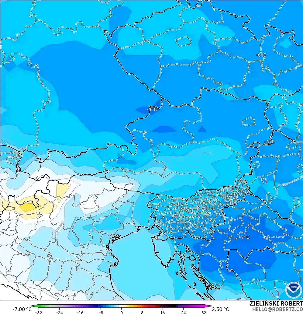 GFS modelo - Austria, Anomalía de temperatura a 850 hPa