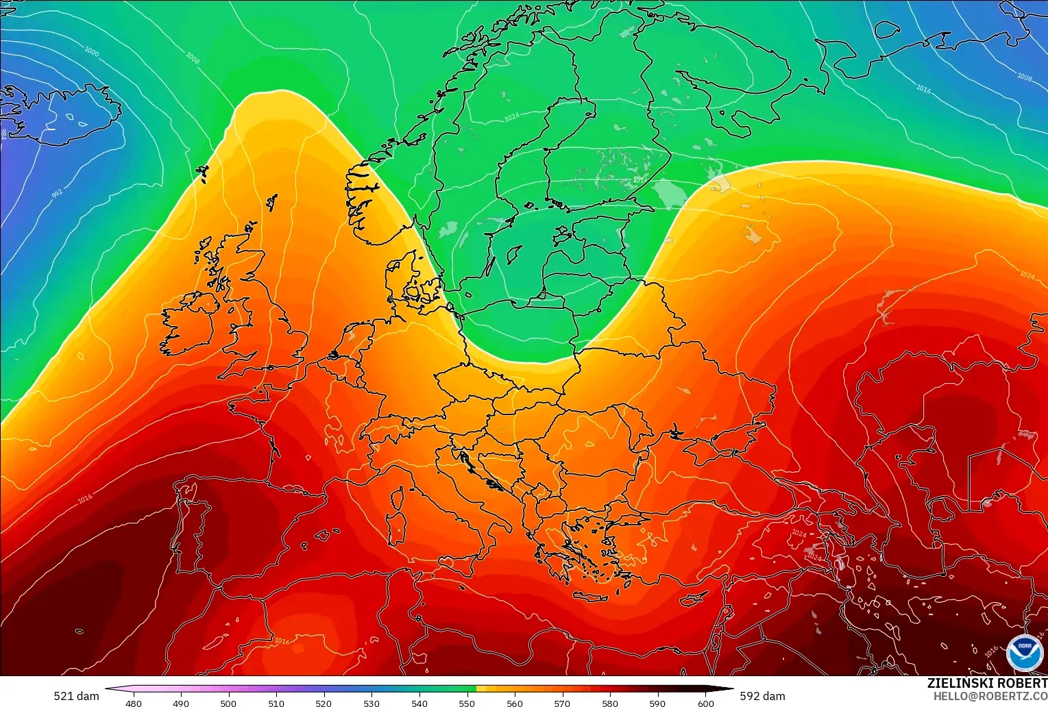 GFS modelo - Europa, Altura geopotencial a 500 hPa