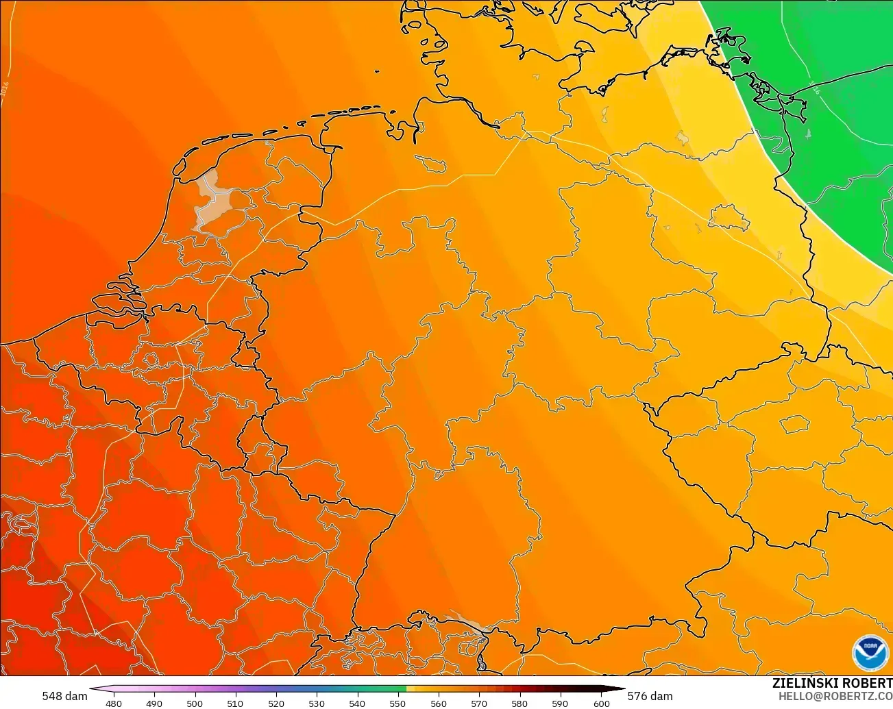 GFS modelo - Alemania, Altura geopotencial a 500 hPa