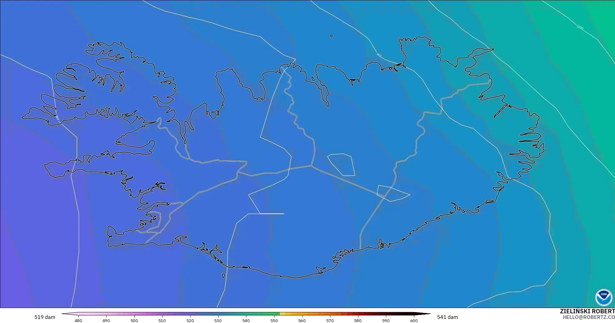 GFS modelo - Islandia, Altura geopotencial a 500 hPa