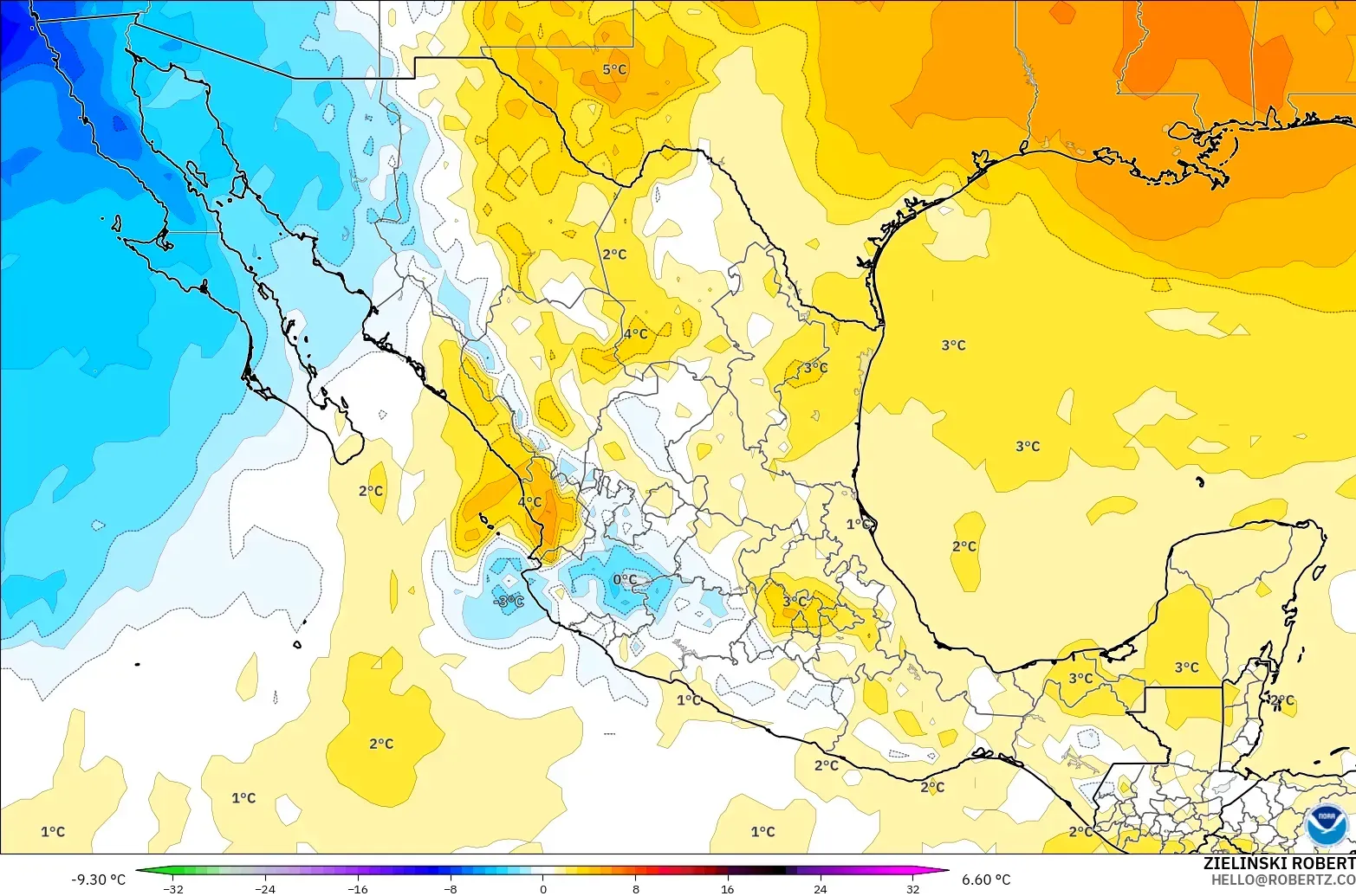 GFS modelo - México, Anomalía de temperatura a 850 hPa