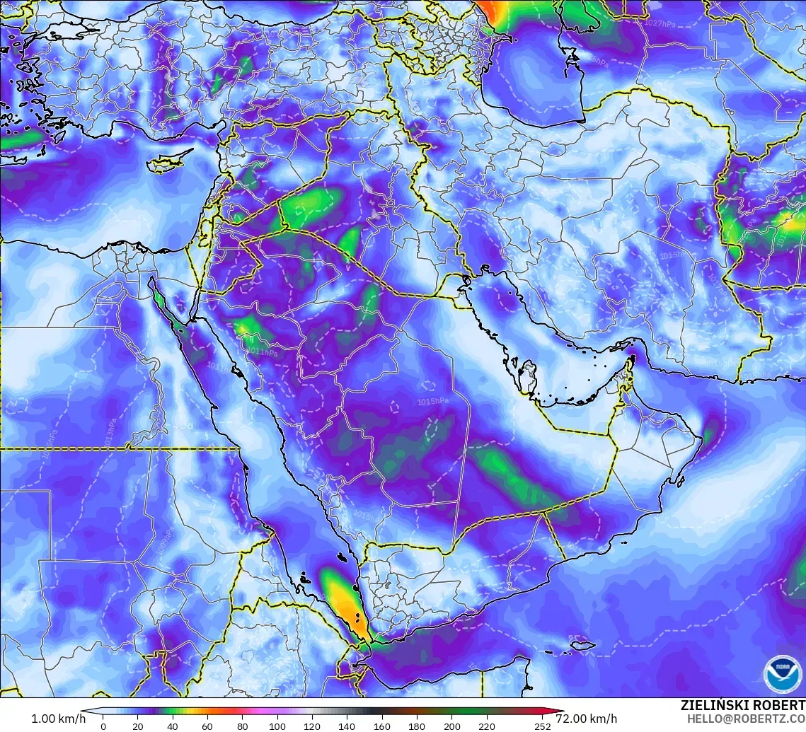 GFS modelo - Oriente Medio, Ráfagas de Viento Máximas