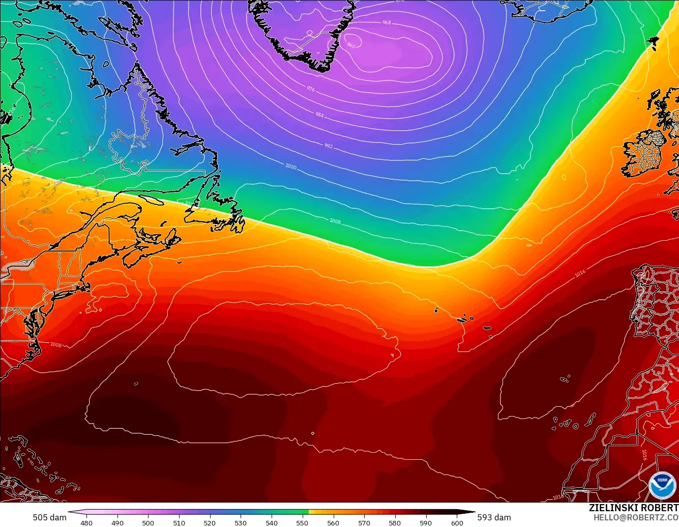 GFS modelo - Norte Atlántico, Altura geopotencial a 500 hPa