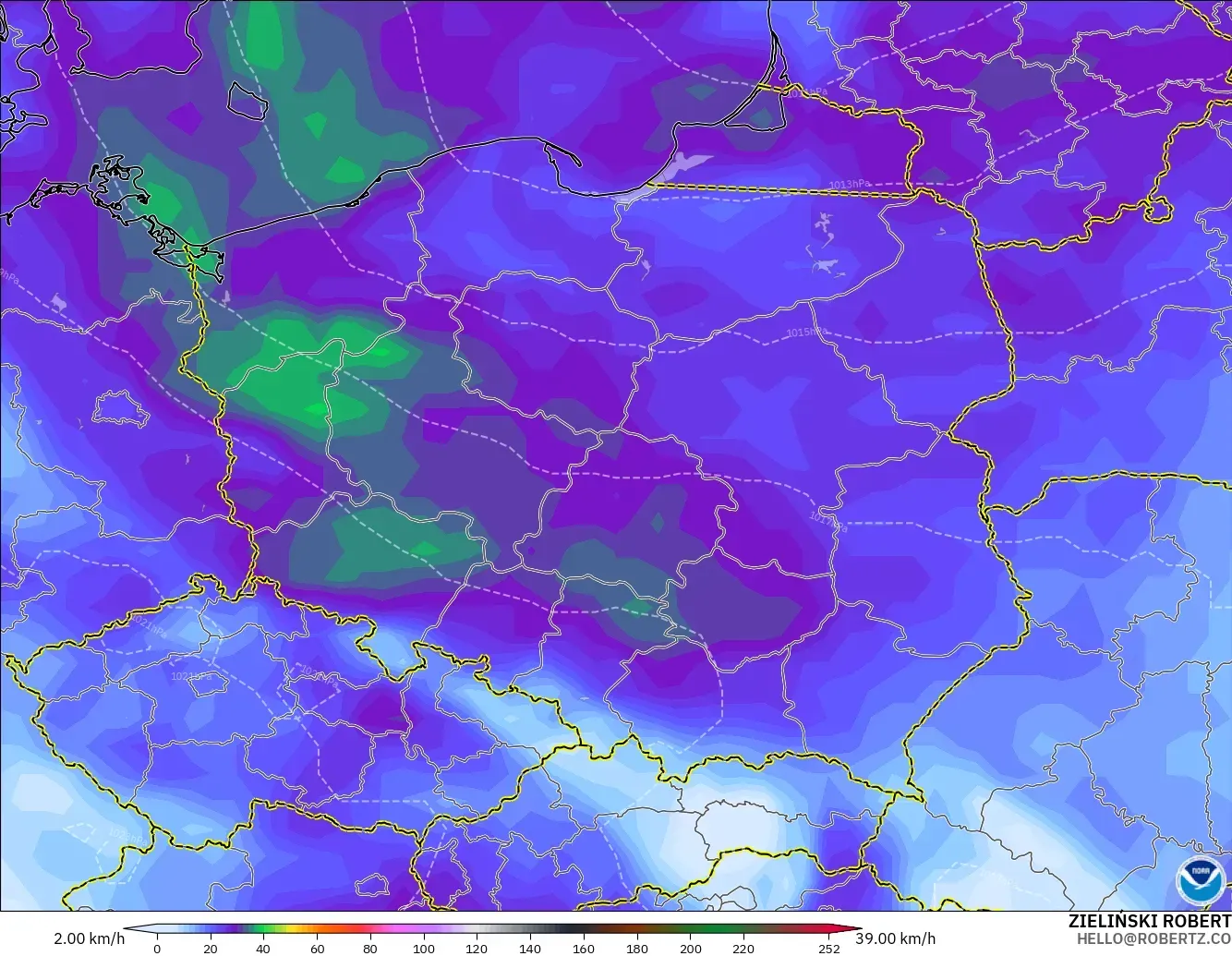 GFS modelo - Polonia, Ráfagas de viento
