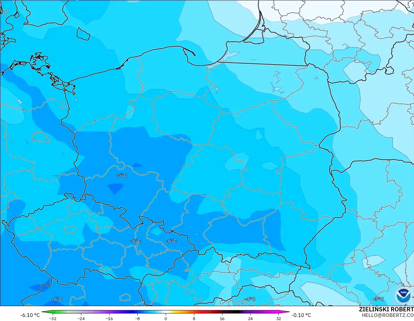 GFS modelo - Polonia, Anomalía de temperatura a 850 hPa