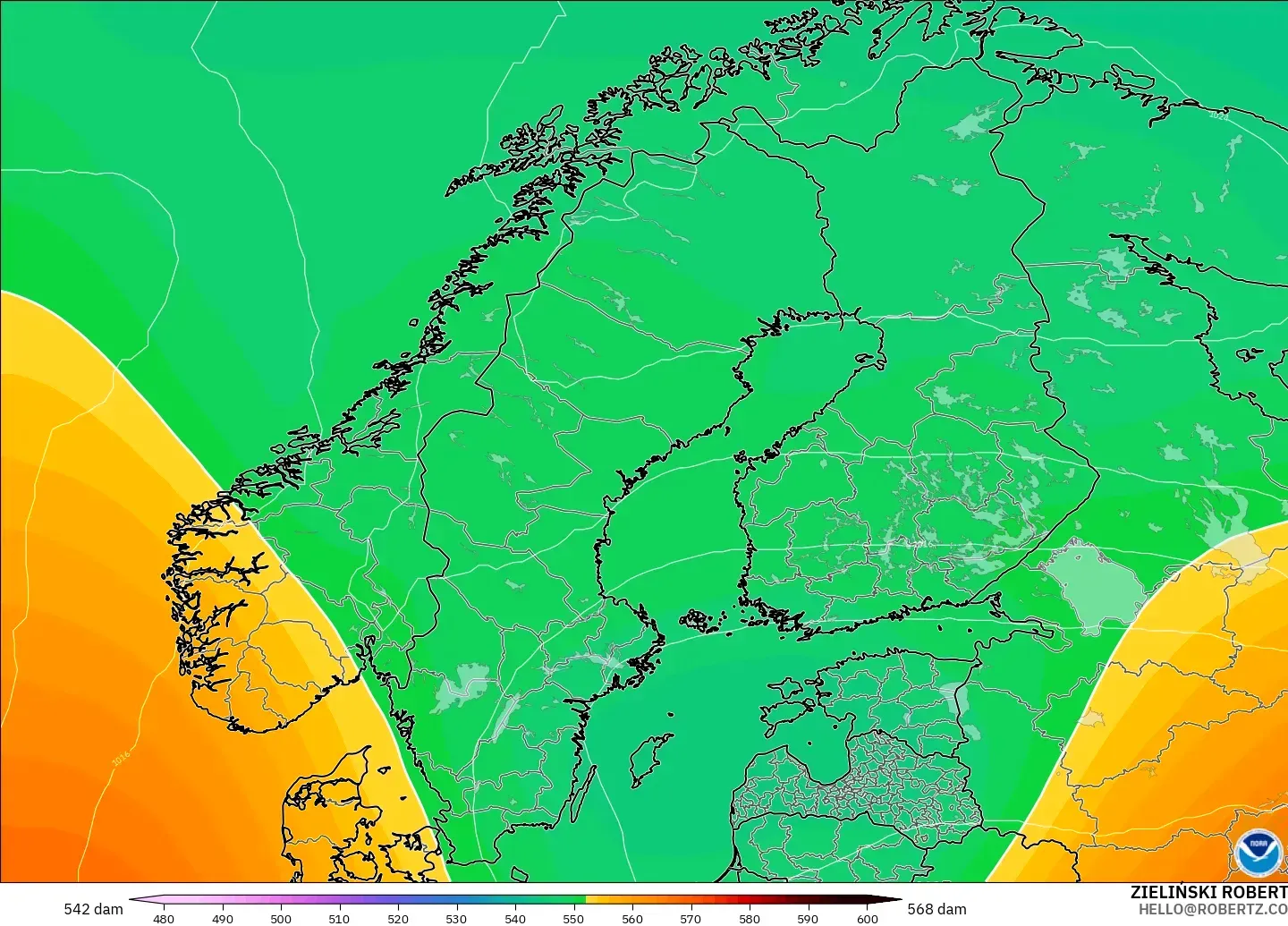 GFS modelo - Escandinavia, Altura geopotencial a 500 hPa