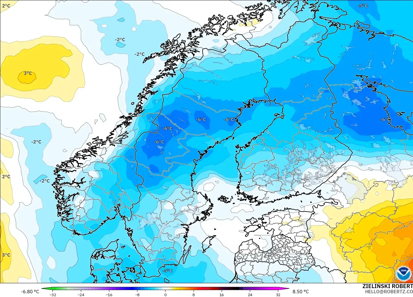 GFS modelo - Escandinavia, Anomalía de temperatura a 850 hPa