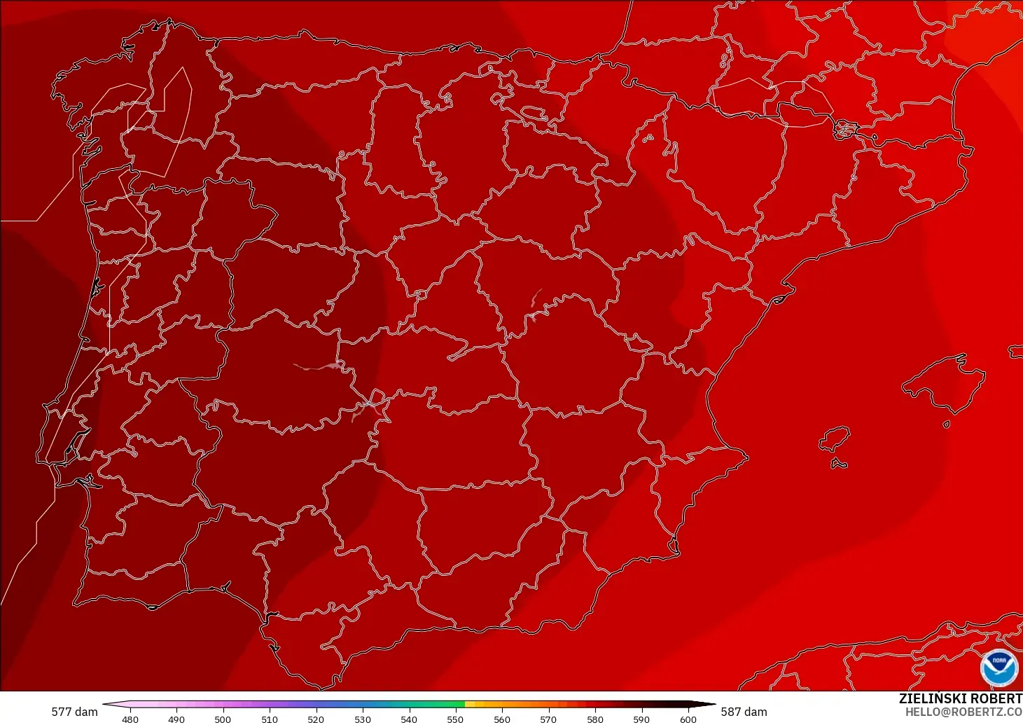 GFS modelo - España, Altura geopotencial a 500 hPa
