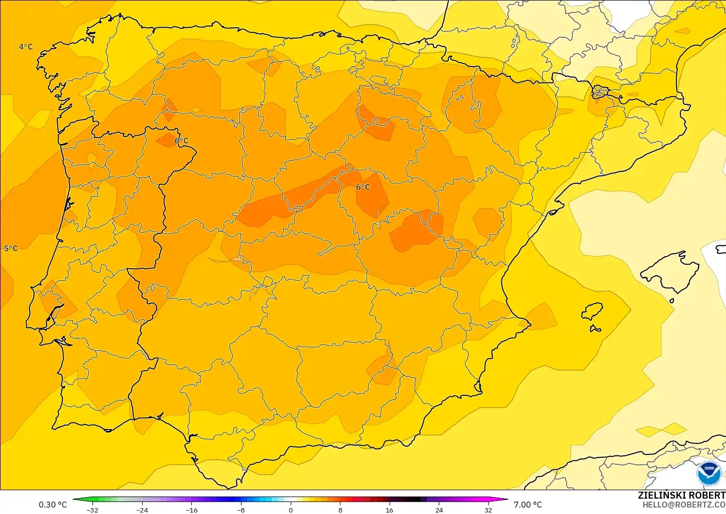 GFS modelo - España, Anomalía de temperatura a 850 hPa