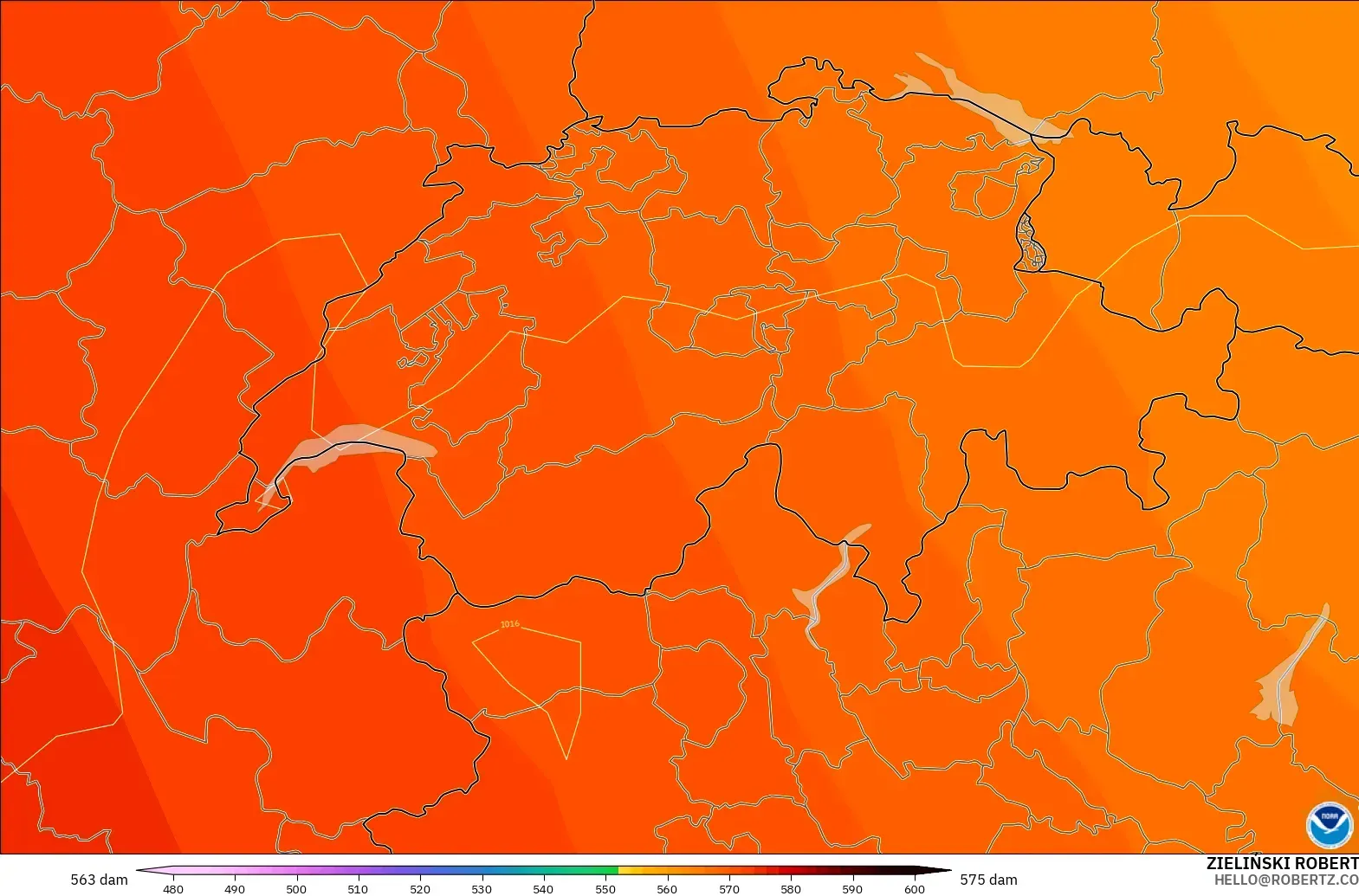 GFS modelo - Suiza, Altura geopotencial a 500 hPa