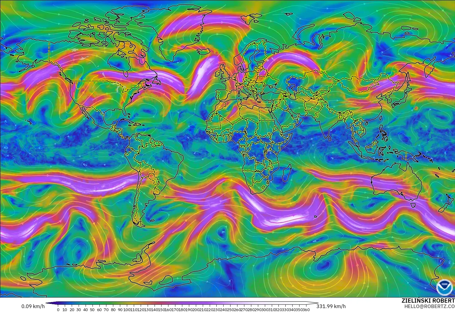 GFS modelo - Mundo, Viento a 300 hPa (corriente en chorro)