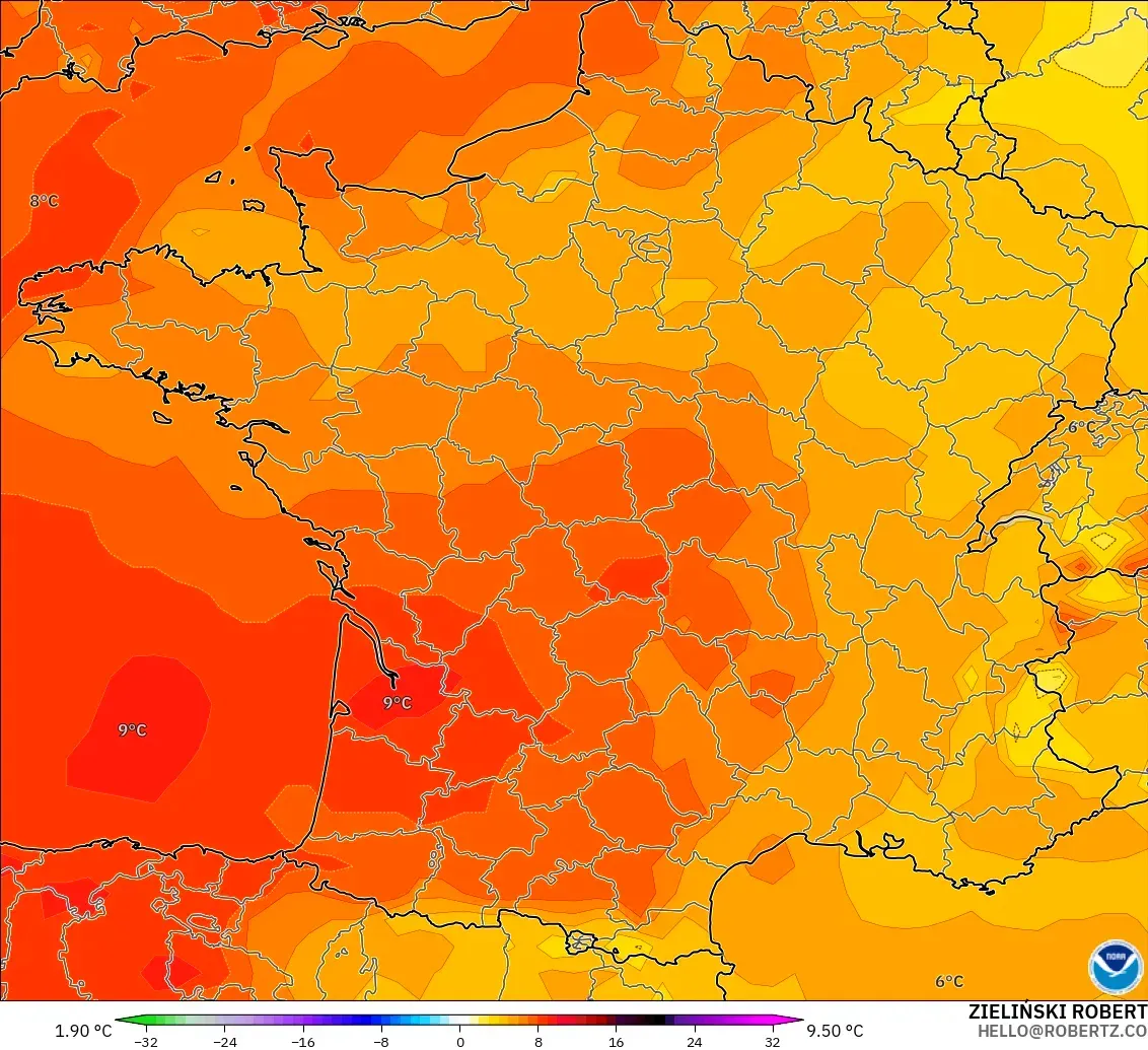 GFS modelo - Francia, Anomalía de temperatura a 850 hPa