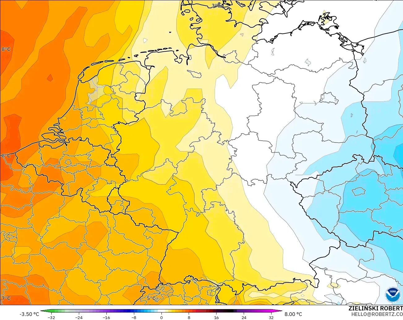 GFS modelo - Alemania, Anomalía de temperatura a 850 hPa