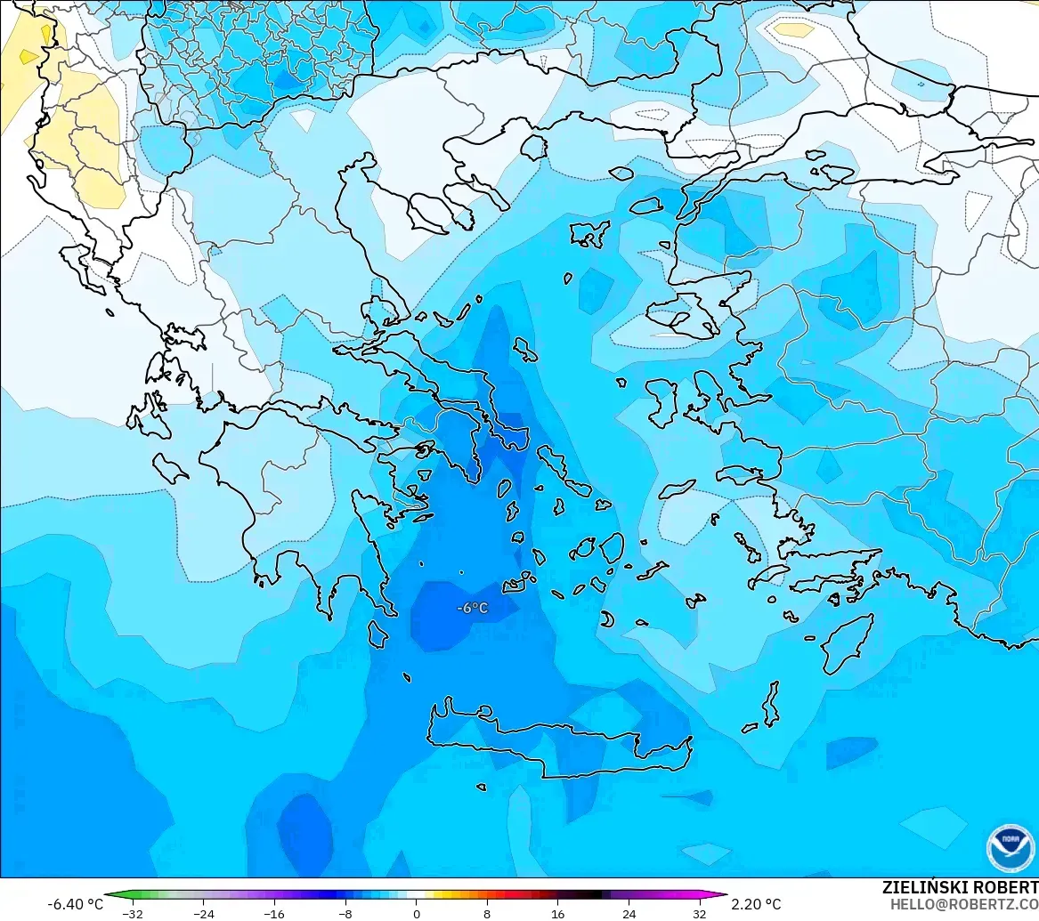 GFS modelo - Grecia, Anomalía de temperatura a 850 hPa