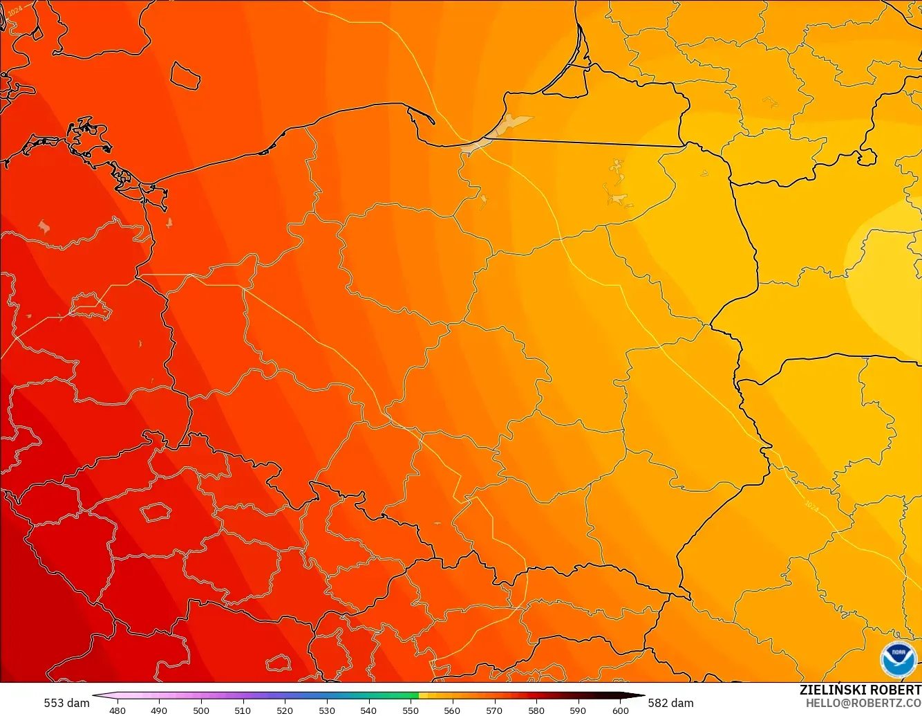 GFS modelo - Polonia, Altura geopotencial a 500 hPa