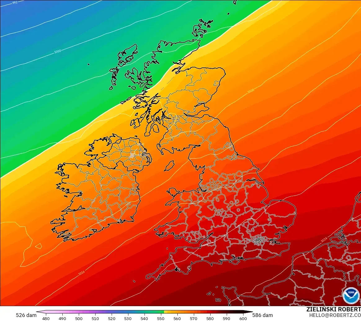 GFS modelo - Reino Unido, Altura geopotencial a 500 hPa